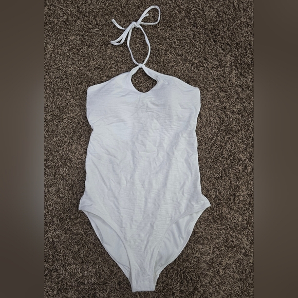 Aerie NWT Jacquard Halter One Piece Full Coverage Swimsuit White Size L Long - Picture 3 of 6
